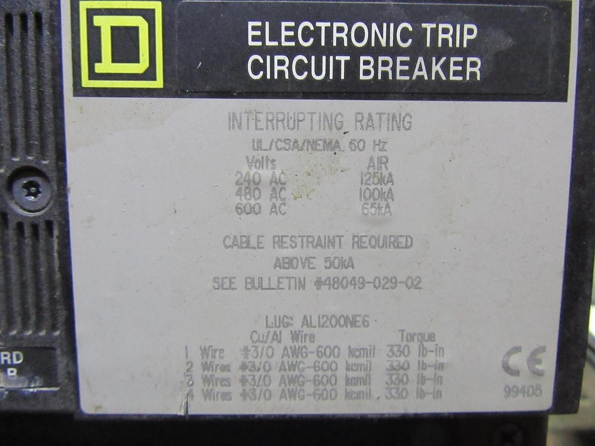 Used SQUARE D CIRCUIT BREAKER NXP361200GMT 1200 AMP 600 VAC 3-POLE W/ ARP100 PLUG