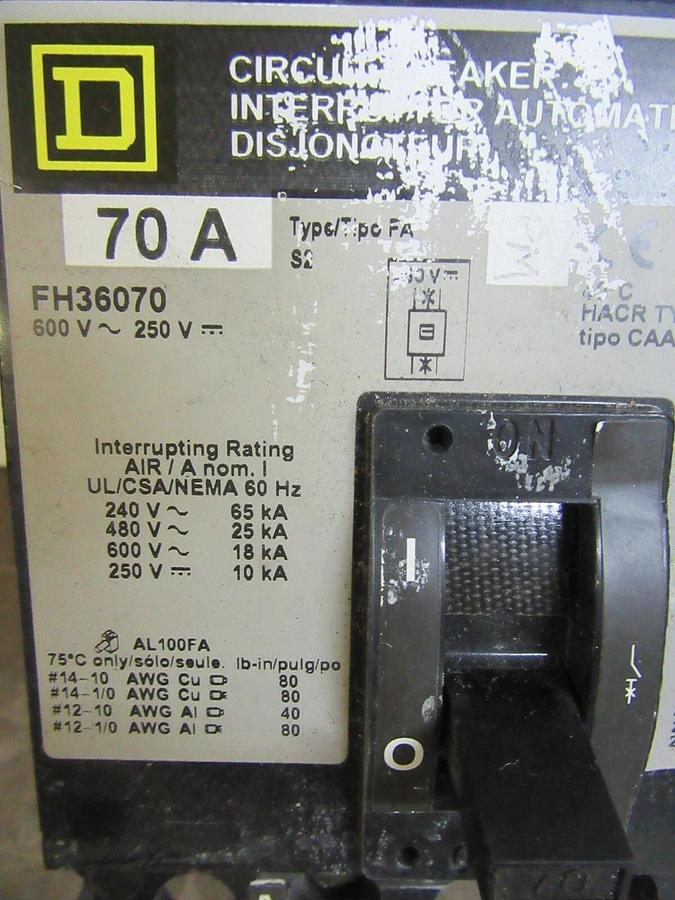 Used SQUARE D I-LINE BREAKER FH36070 3-POLE 70 AMP 600 VAC W/ LUGS **WARRANTY**