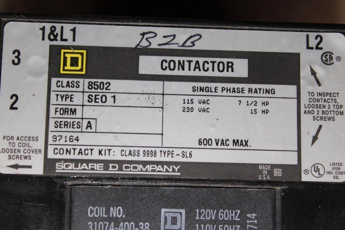 Used SQUARE D REVERSING CONTACTOR 8536SEO1 SIZE 3 90 AMP 600 VAC 8502SEO1 600V