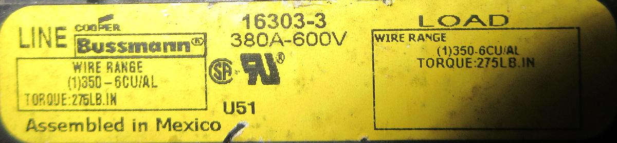 Used BUSS POWER DISTRIBUTION LUG 16303-3 310 AMP 600 VOLT 3-POLE