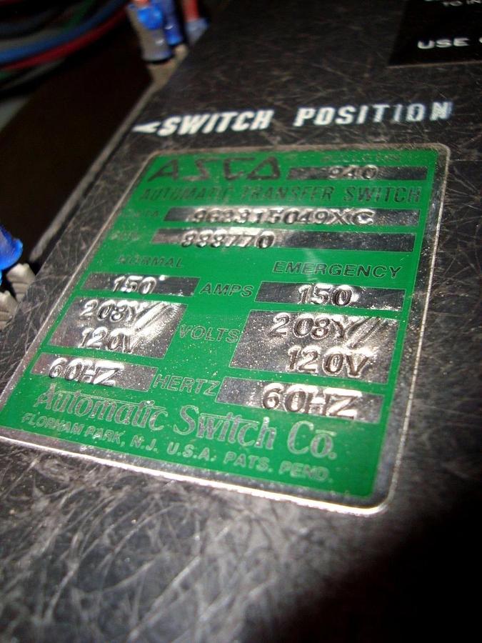 Used ASCO 150 AMP AUTOMATIC TRANSFER SWITCH 208 Y / 120 VAC 3 PHASE BULLETIN 940
