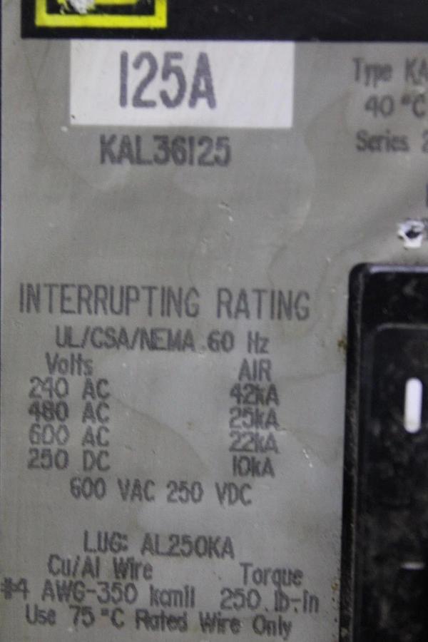 Used SQUARE D CIRCUIT BREAKER ENCLOSURE KA225F 225 AMP MAX 600 VAC W/ KAL36125