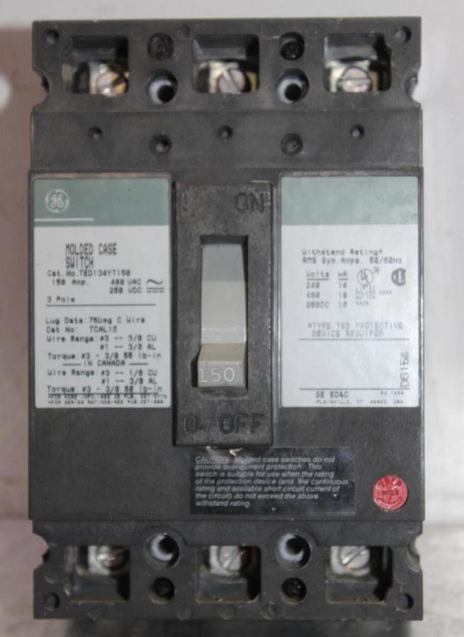 Used GENERAL ELECTRIC MOLDED CASE SWITCH TED134YT150 150 AMP 480 VAC 3-POLE