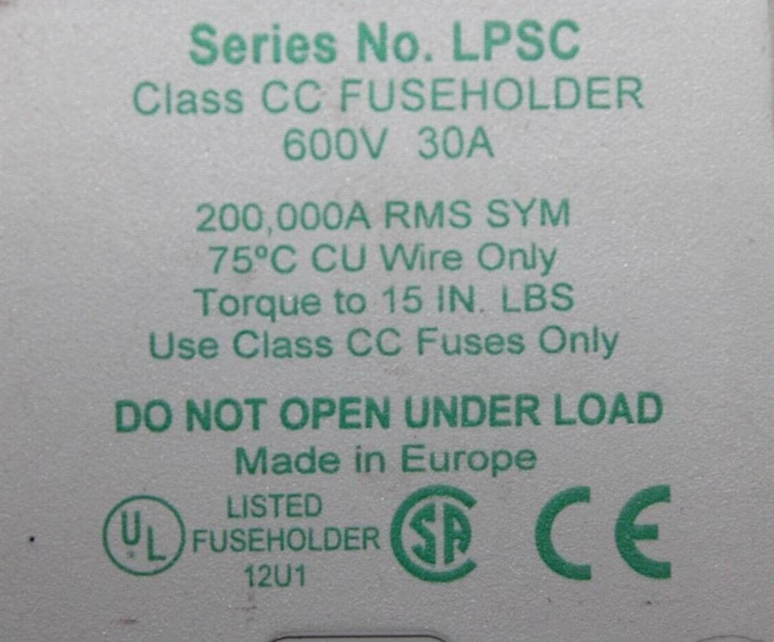 Used LITTELFUSE POWER-SAFE FUSE HOLDER LPSC 3-POLE 600 VOLT 30 AMP CLASS CC