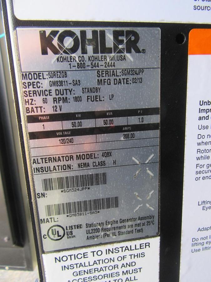 Used 50 KW GENERATOR KOHLER 5.0 NATURAL GAS / LP 120/240V 1PH 784 HRS ENCLOSED VIDEO