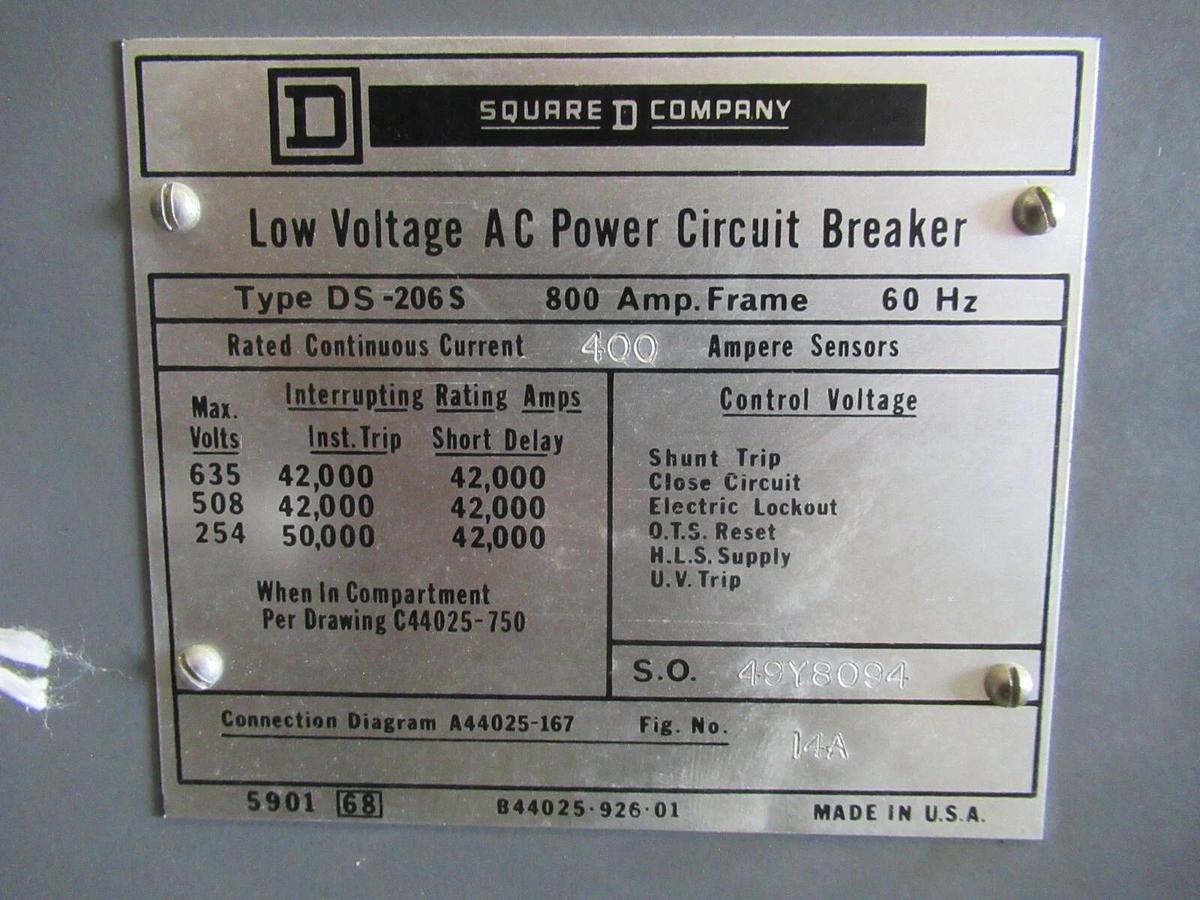 Used SQUARE D LOW VOLTAGE CIRCUIT BREAKER DS-206S 800 AMP FRAME 400 AMP TRIP 635V MAX