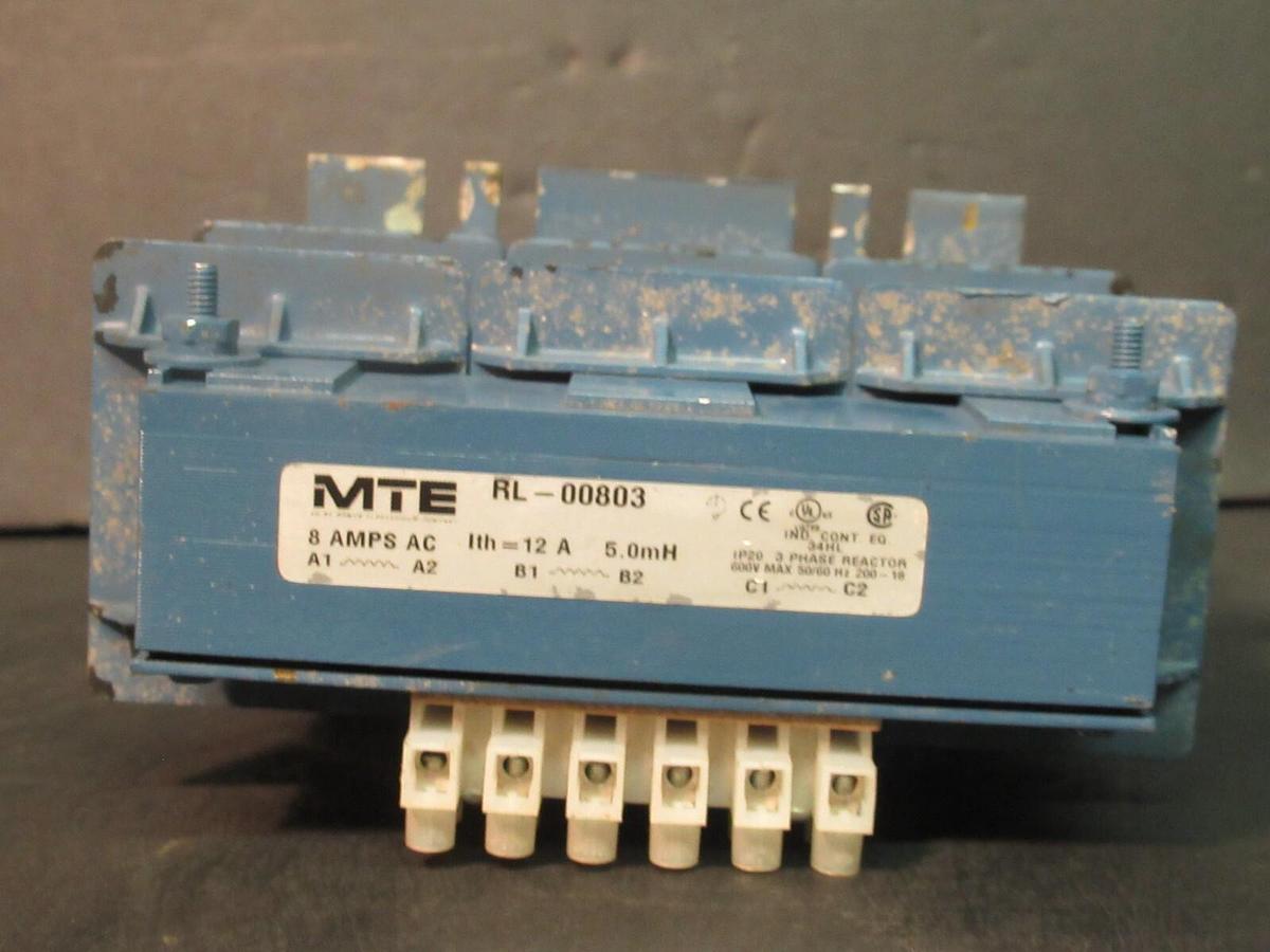 Used MTE CORPORATION 3 PH REACTOR CAT# RL-00803 P/N: 34HL 5.0 mH 8 AMP 600 V MAX