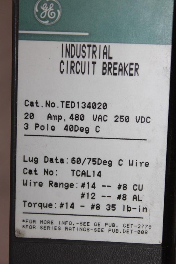 Used GENERAL ELECTRIC CIRCUIT BREAKER TED134020 20 AMP 480 VAC 3-POLE *WARRANTY*