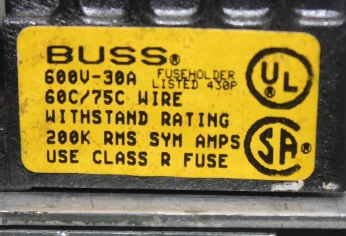 Used BUSS FUSE HOLDER R60030-2CR 600 VOLT 30 AMP FOR CLASS R FUSES *WARRANTY*