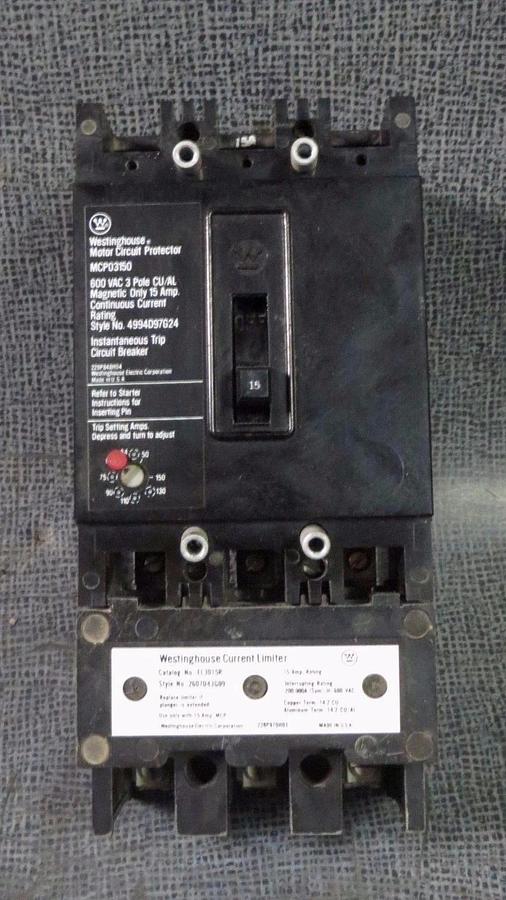 Used WESTINGHOUSE CIRCUIT BREAKER 15 AMP 600 V 3 POLE MCP03150 W/ EL3015R