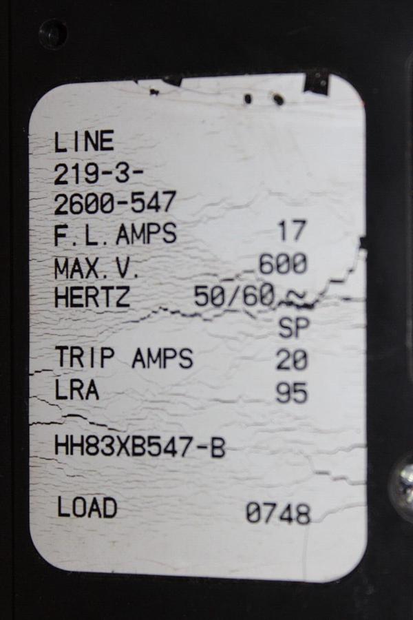 Used AIRPAX CIRCUIT BREAKER 3-POLE 219-3-2600-547 17-20 AMP 600V 50/60 HZ HH83XB547-B