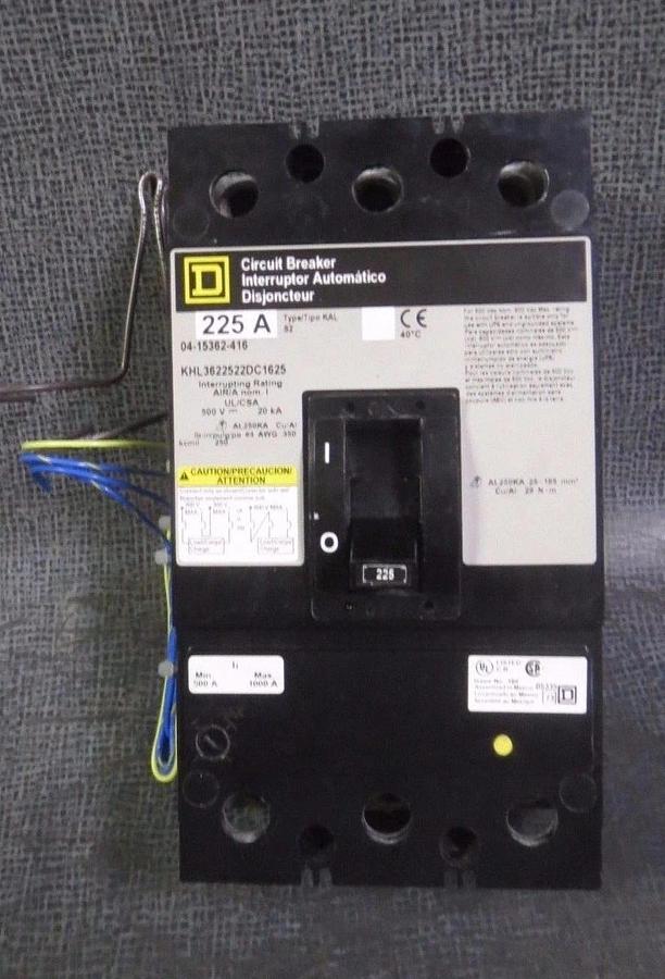 Used SQUARE D CIRCUIT BREAKER 225 AMP 600 VAC 500 VDC 3 POLE MODEL: KHL3622522DC1625