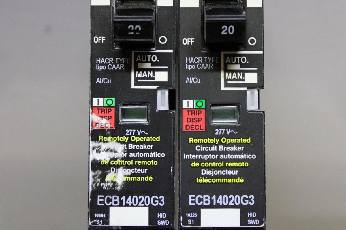 Used LOT OF 2 SQUARE D POWERLINK CIRCUIT BREAKER ECB14020G3 20 AMP 480/277 VAC 1-POLE