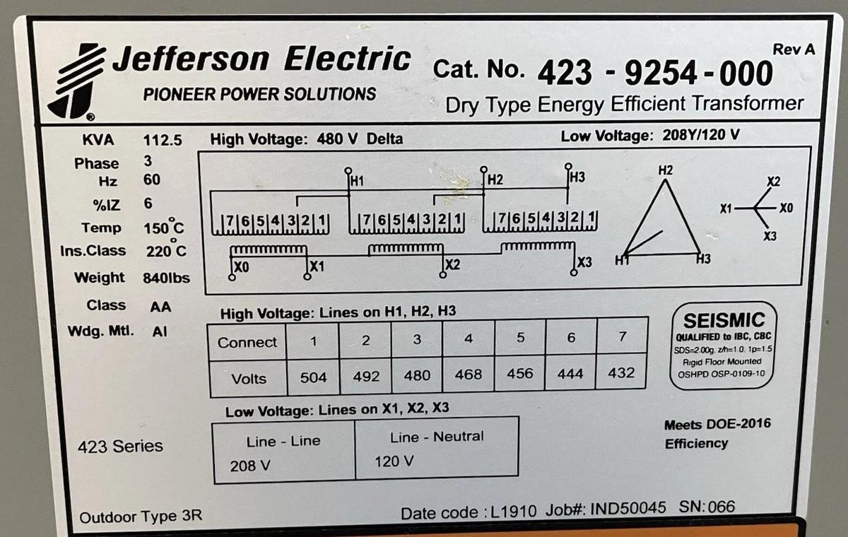 Used 112.5 KVA JEFFERSON TRANSFORMER 423-9254-000 480V HIGH 208/120V LOW NEMA 3R