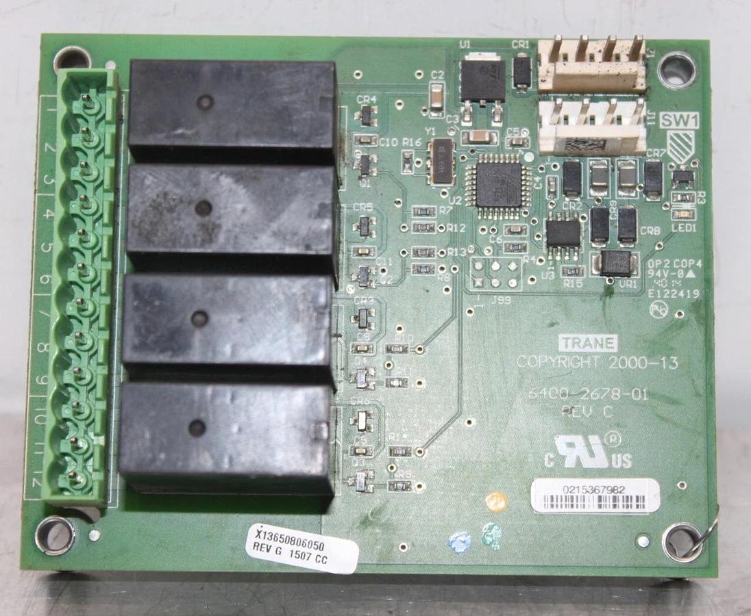 Used TRANE QUAD RELAY OUTPUT CIRCUIT BOARD 6400-2678-01 REV. C X13650806050 REV. G