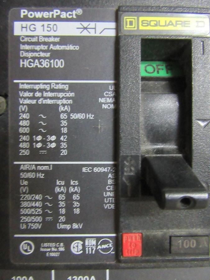 Used SQUARE D I-LINE POWERPACT BREAKER HGA36100 100 AMP 600 VAC 3-POLE *WARRANTY*