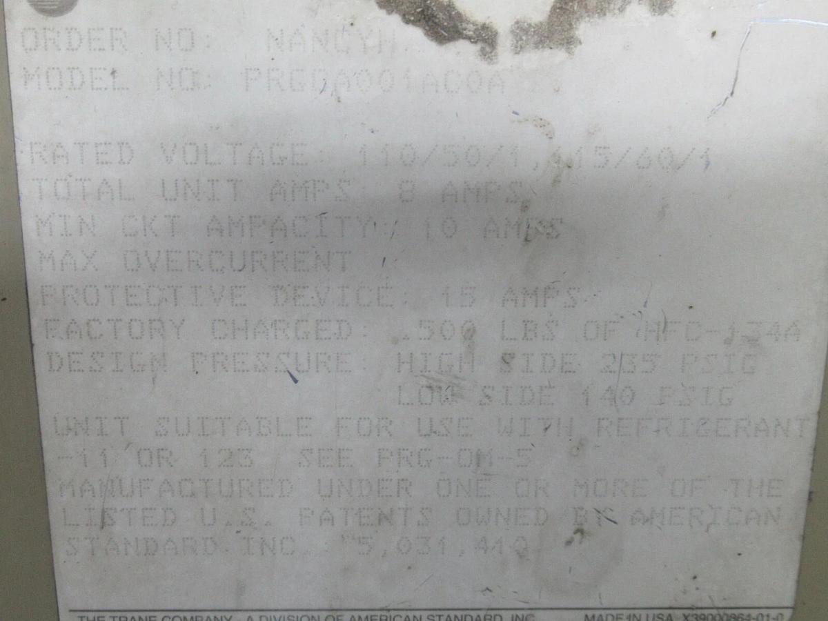 Used TRANE PURGE MODULE ENCLOSURE PRGC001AC0A X13650454-08 REV. K 110 VOLT 10 AMP