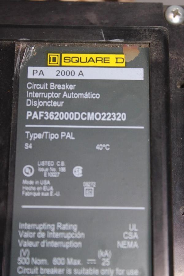 Used SQUARE D DC BREAKER PAF362000DCMO22320 2000 AMP 600 VDC W/ PAM02