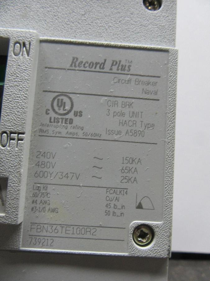Used GE RECORD PLUS HACR BREAKER FBN36TE100R2 100 AMP 480 VOLT 600Y/347V 3-POLE