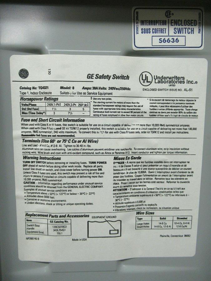 Used GE ENCLOSED SAFETY SWITCH TG4321 240 VAC 7.5 HP 30 AMP ENCLOSURE NEMA TYPE 1