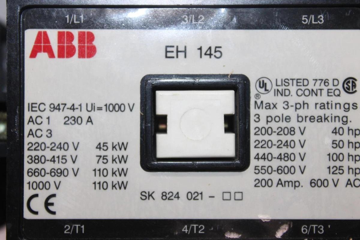 Used ABB CONTACTOR EH145C-YL11 200 AMP 600 VAC 3-POLE 125 HP COIL: 24 VDC