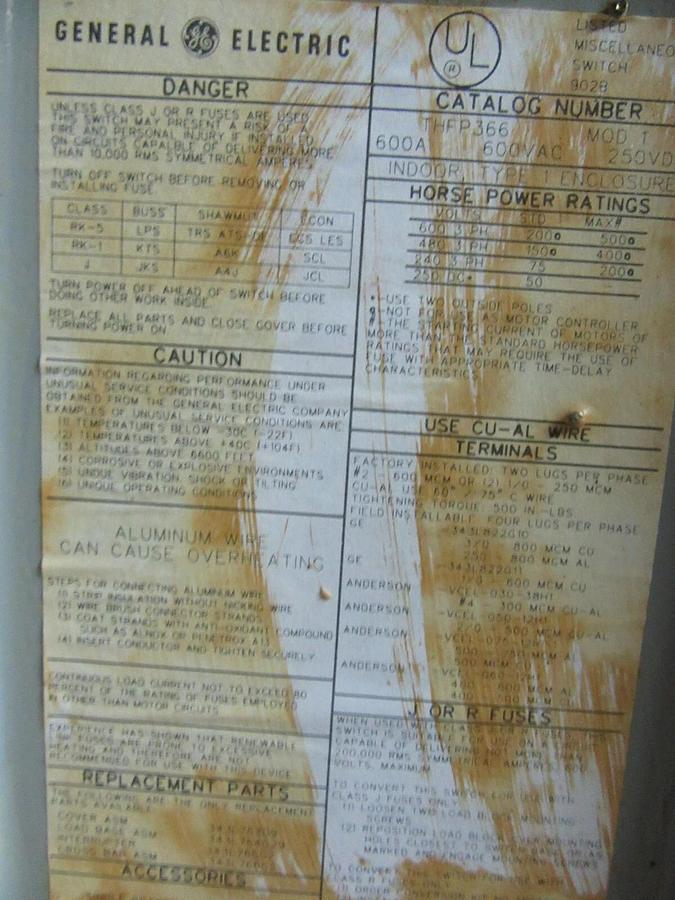 Used GE QMR PANELBOARD FUSIBLE DISCONNECT THFP366 600 AMP 600 VAC 500 HP 3-PHASE