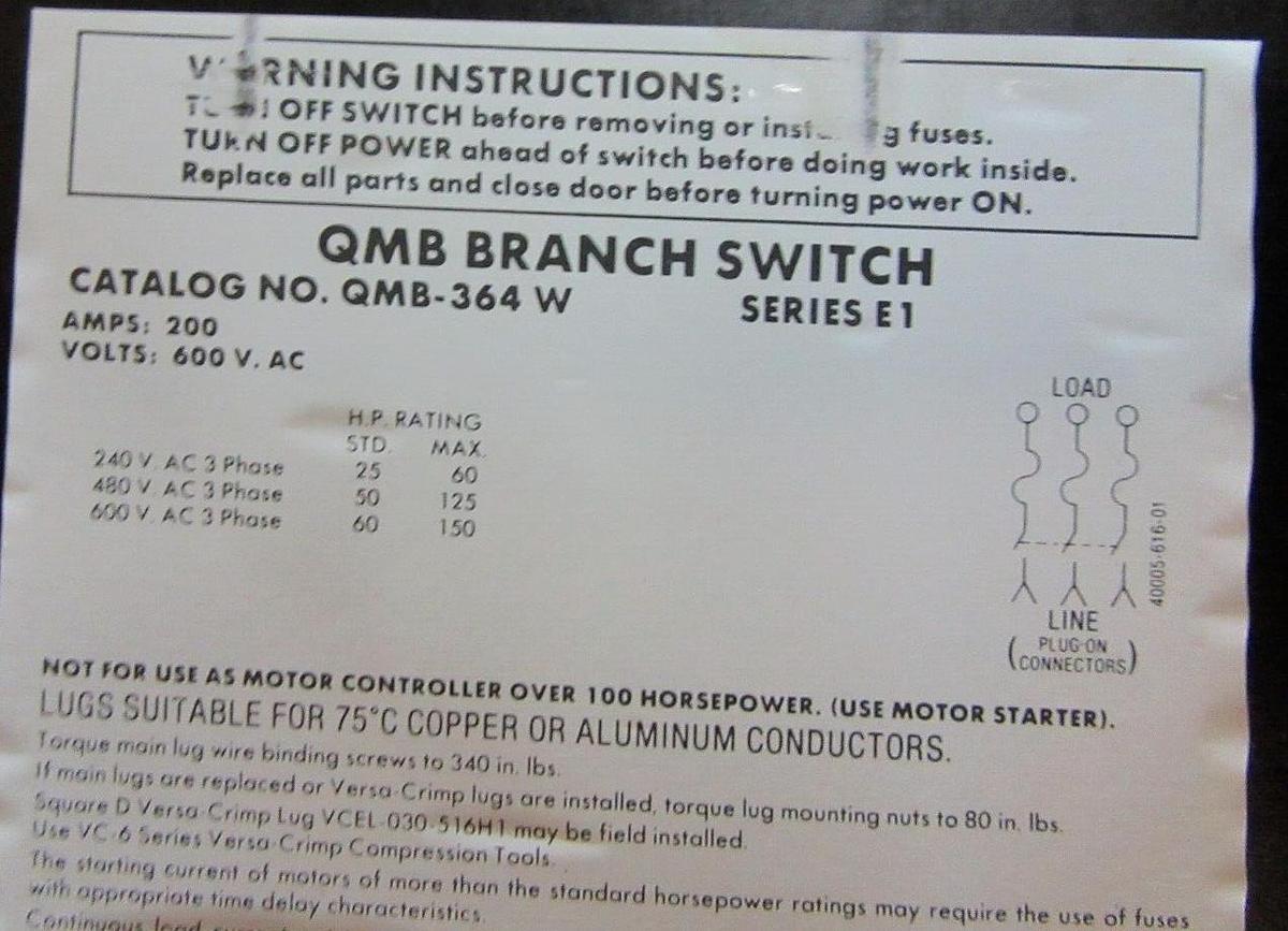 Used SQUARE D QMB BRANCH SAFETY SWITCH QMB-364W 200 AMP 3-POLE 600 VAC 150 HP