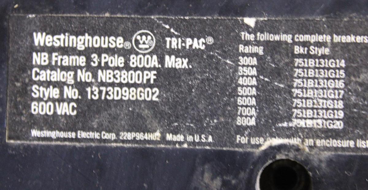 Used CUTLER-HAMMER TRI-PAC DE-ION CIRCUIT BREAKER NB3800PF 500 AMP 600 VAC 3-POLE