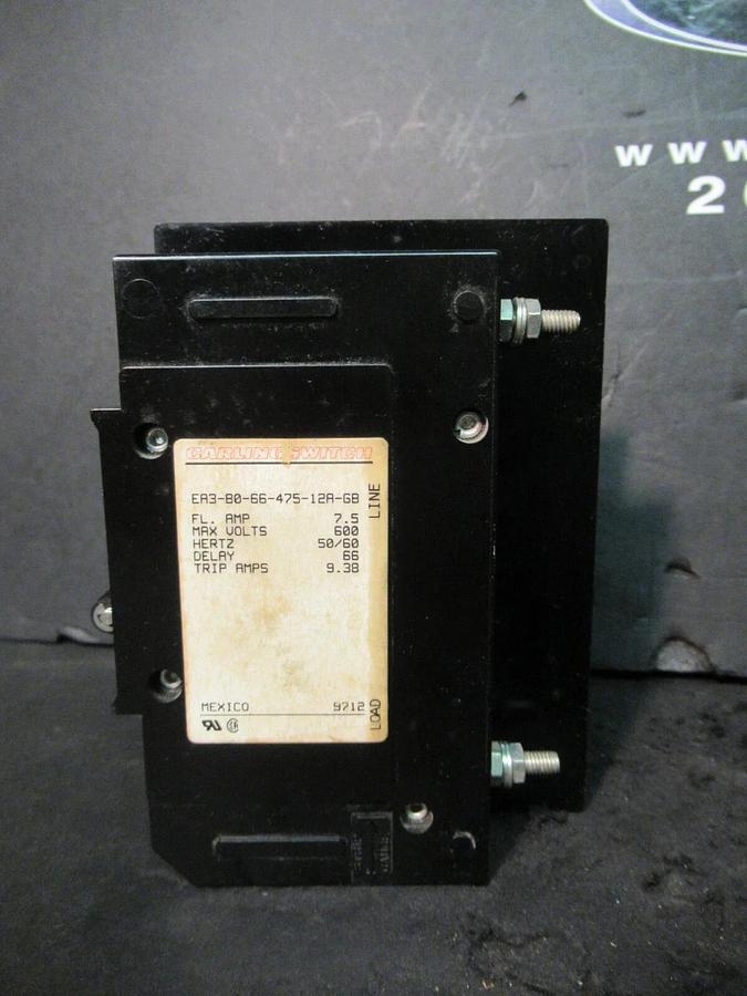 Used CARLINGSWITCH 7.5 AMP 600 VAC 3 POLE EA3-B0-66-475-12A-GB 9.38 TRIP AMPS 50/60HZ