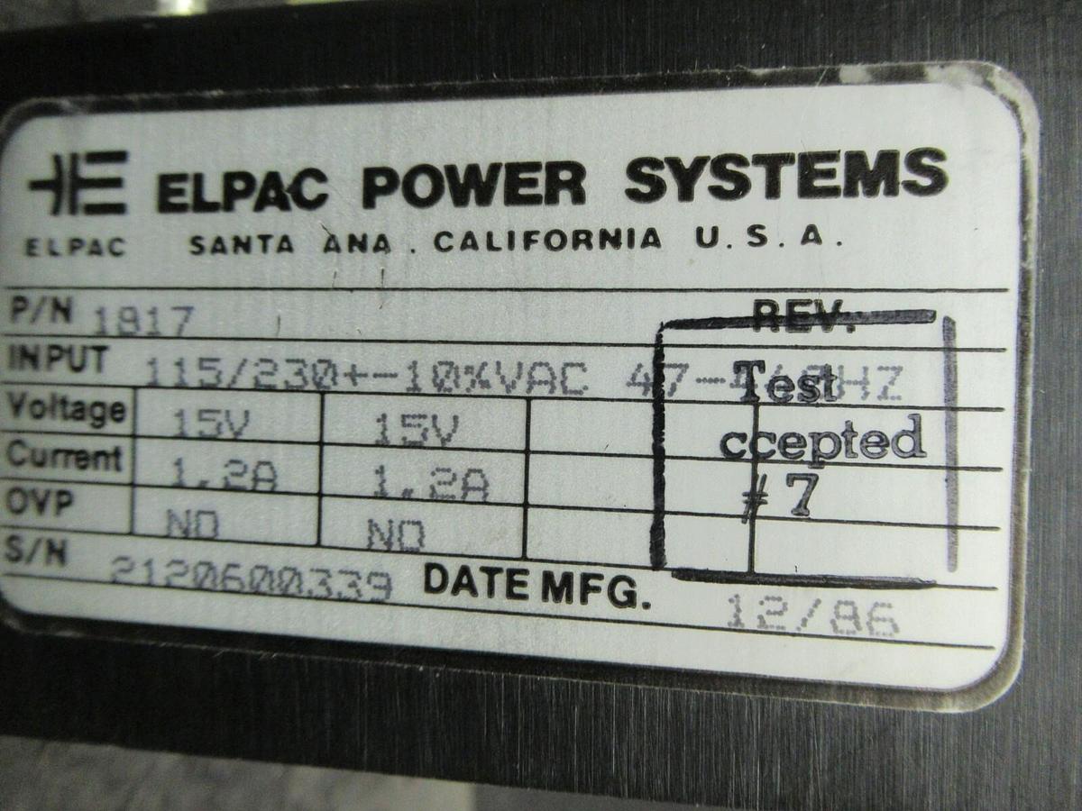 Used ELPAC POWER SYSTEMS POWER SUPPLY P/N 1817 115/230 VAC INPUT 15 VDC @ 1.2 AMP