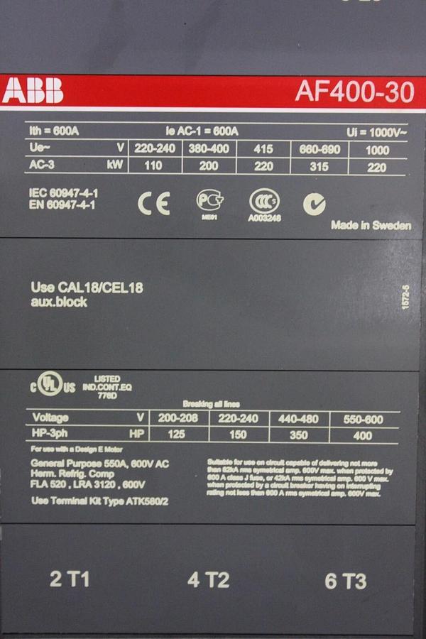Used ABB CONTACTOR AF400-30 600 AMP 600 VAC 400 HP COIL: 100-250V **WARRANTY**