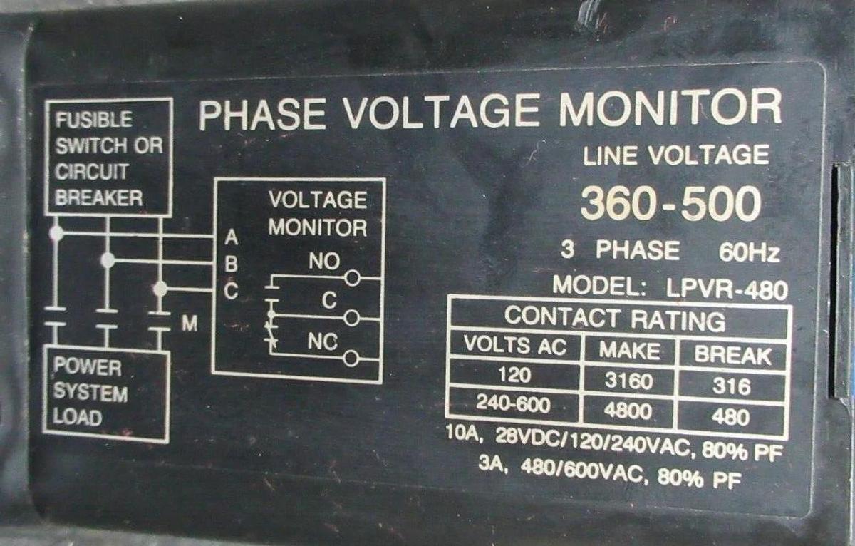 Used INSTRUMENT TRANSFORMERS PHASE VOLTAGE RELAY LPVR-480-10 10 AMP 600 VAC