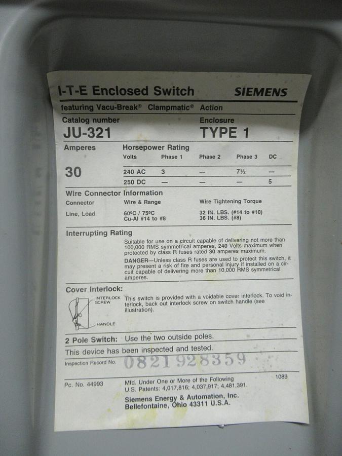 Used SIEMENS ITE 30 AMP 240 VAC HEAVY DUTY DISCONNECT SAFETY SWITCH JU321