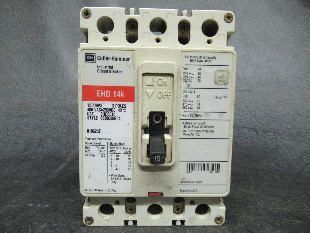Used CUTLER HAMMER BREAKER EHD3015 15A 480VAC 250VDC 3-POLE **WARRANTY INCLUDED**