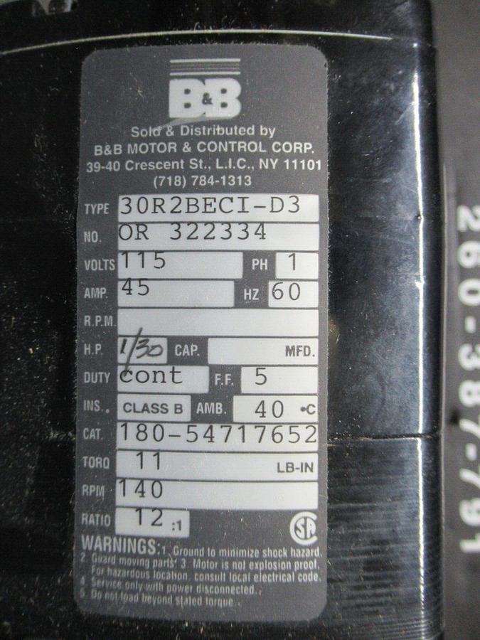 NEW SURPLUS B&B DC GEARMOTOR 30R2BECI-D3 115 VOLT 45 AMP 1 PHASE 1/30 HP