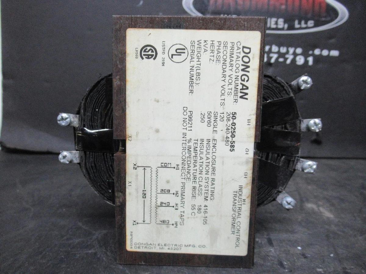 Used DONGAN TRANSFORMER 50-0250-585 0.25 KVA PRI: 208-480 VOLT SEC: 120 VOLT