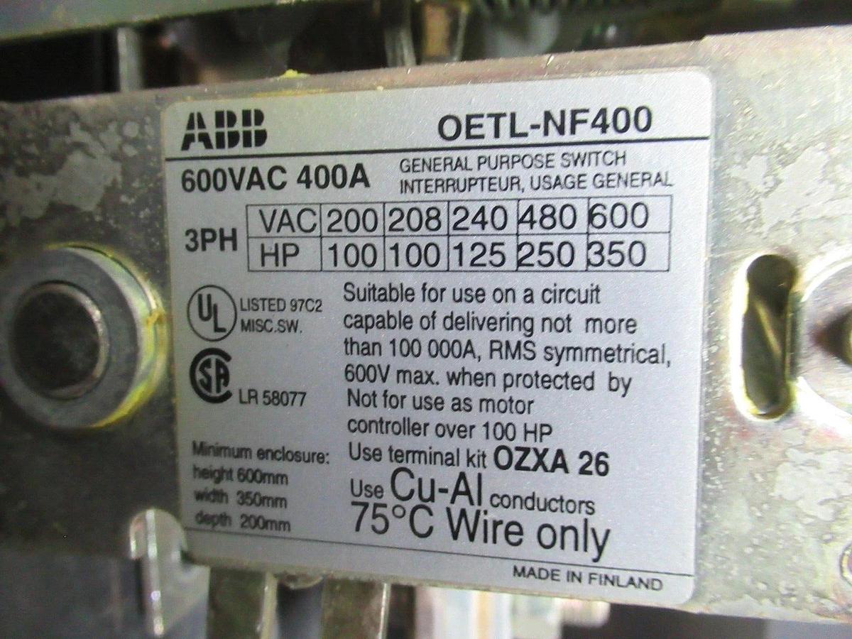 Used ABB 400 AMP DISCONNECT SWITCH OETL-NF400 600 VAC 350 HP **WARRANTY**