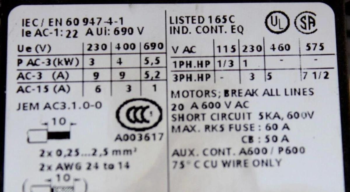 Used LOT OF 3 SIEMENS SIRIUS CONTACTOR 3RT1016-2AB01 20 AMP 600 VAC 7.5 HP COIL: 24V