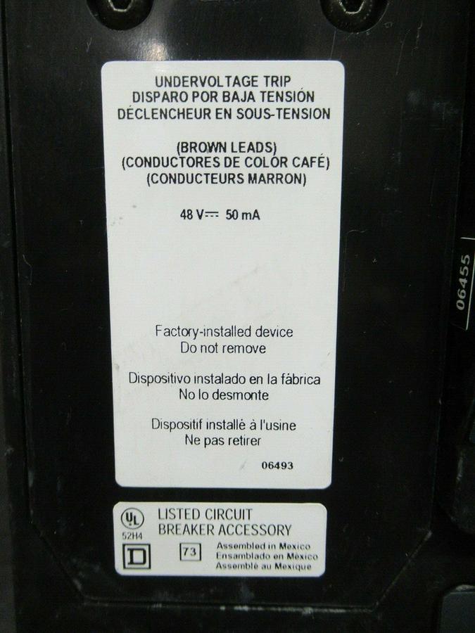 Used 450 AMP SQUARE D BREAKER 519568P15 600 VDC 3 POLE W/ AUXILIARY SWITCH & UVR