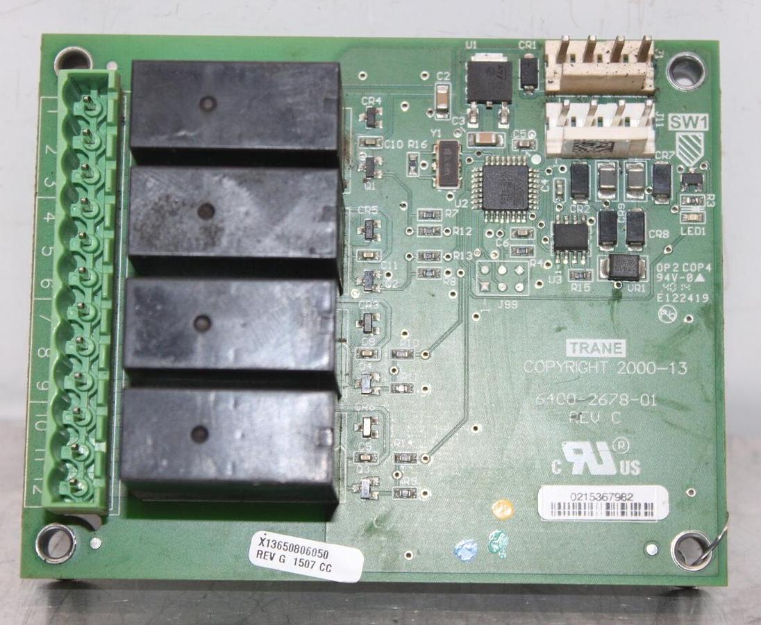 Used TRANE QUAD RELAY OUTPUT CIRCUIT BOARD 6400-2678-01 REV. C X13650806050 REV. G