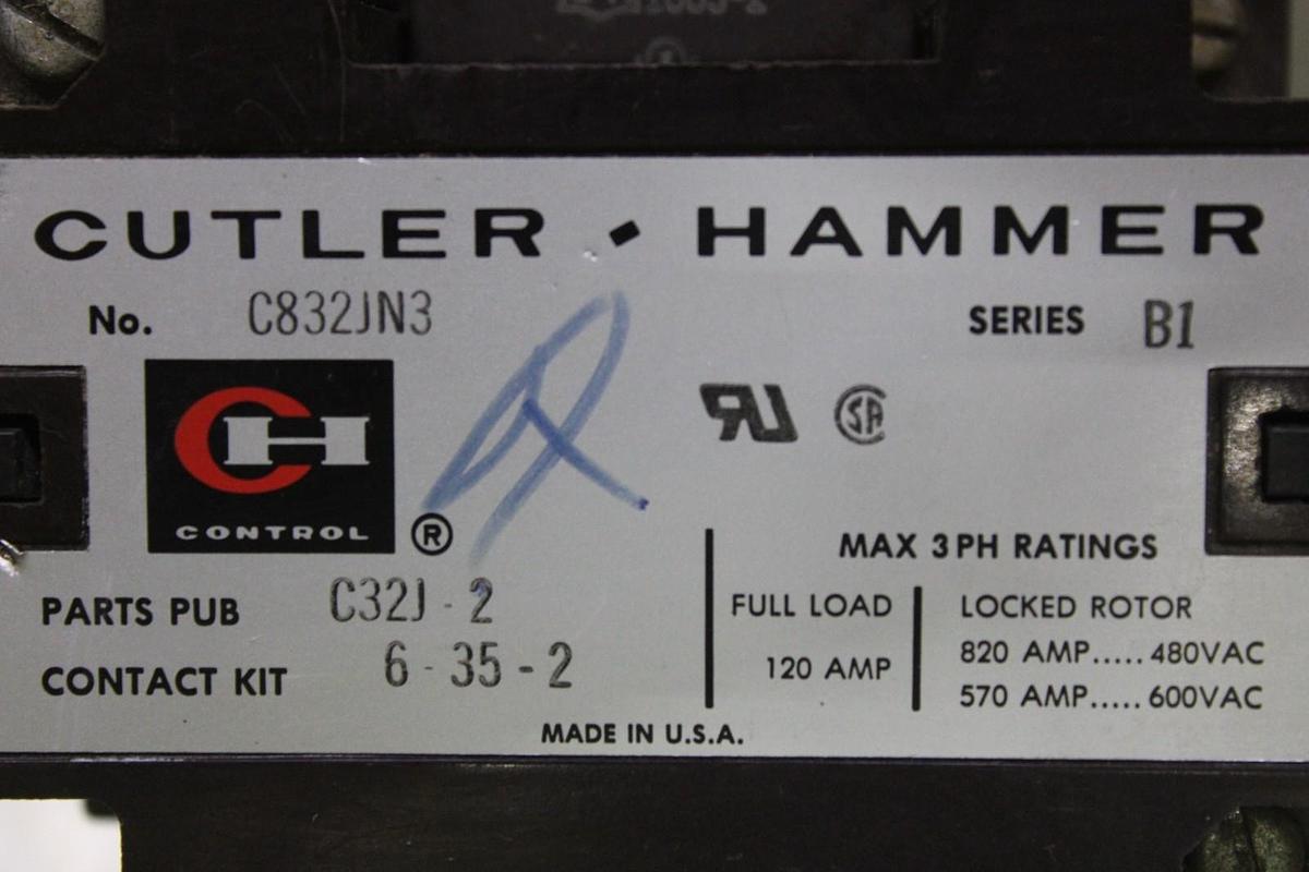 Used CUTLER-HAMMER CONTACTOR C832JN3 NEMA SIZE 3 120 AMP 600 VAC 3-POLE COIL: 120 V