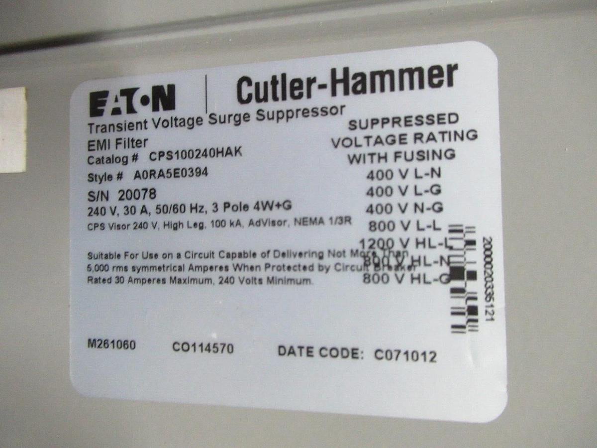 Used EATON TRANSIENT VOLTAGE SURGE SUPPRESSOR CPS100240HAK 100 KA 240 V 30 AMP