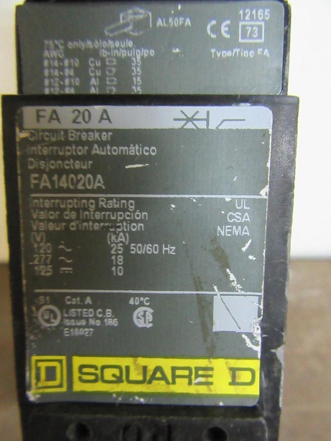 Used SQUARE D I-LINE BREAKER FA14020A SINGLE POLE 277 VAC 20 AMP A-POLE **WARRANTY**