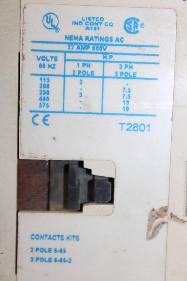 Used CUTLER-HAMMER CONTACTOR CN15DN3 SERIES B1 NEMA SIZE: 1 600V 27A 10HP *WARRANTY*