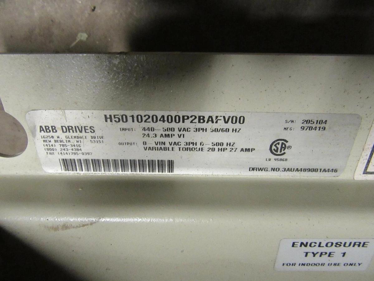 Used ABB VARIABLE SPEED DRIVE H501020400 ACH501-020-4-00P2 480V 20 HP 27 AMP