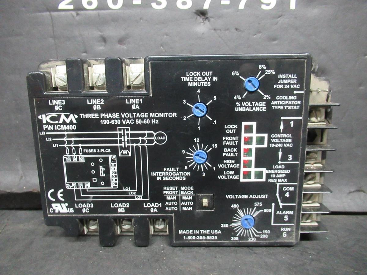 Used ICM THREE PHASE VOLTAGE MONITOR ICM400 190-630 VAC 3-POLE 50-60 HZ **WARRANTY**
