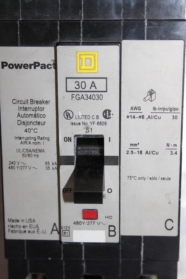 Used SQUARE D POWERPACT I-LINE CIRCUIT BREAKER FGA34030 30 AMP 3-POLE 480/277 VAC
