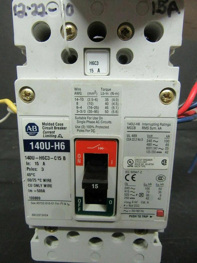 Used 15 AMP ALLEN BRADLEY BREAKER 140U-H6C3-C15 3 POLE 480 VAC W/ SHUNT TRIP AND AUX.
