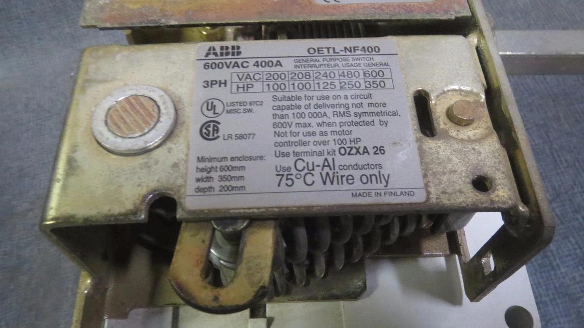 Used ABB GENERAL PURPOSE SWITCH DISCONNECT 400 AMP 600 VAC 3 PHASE MODEL: OETL-NF400