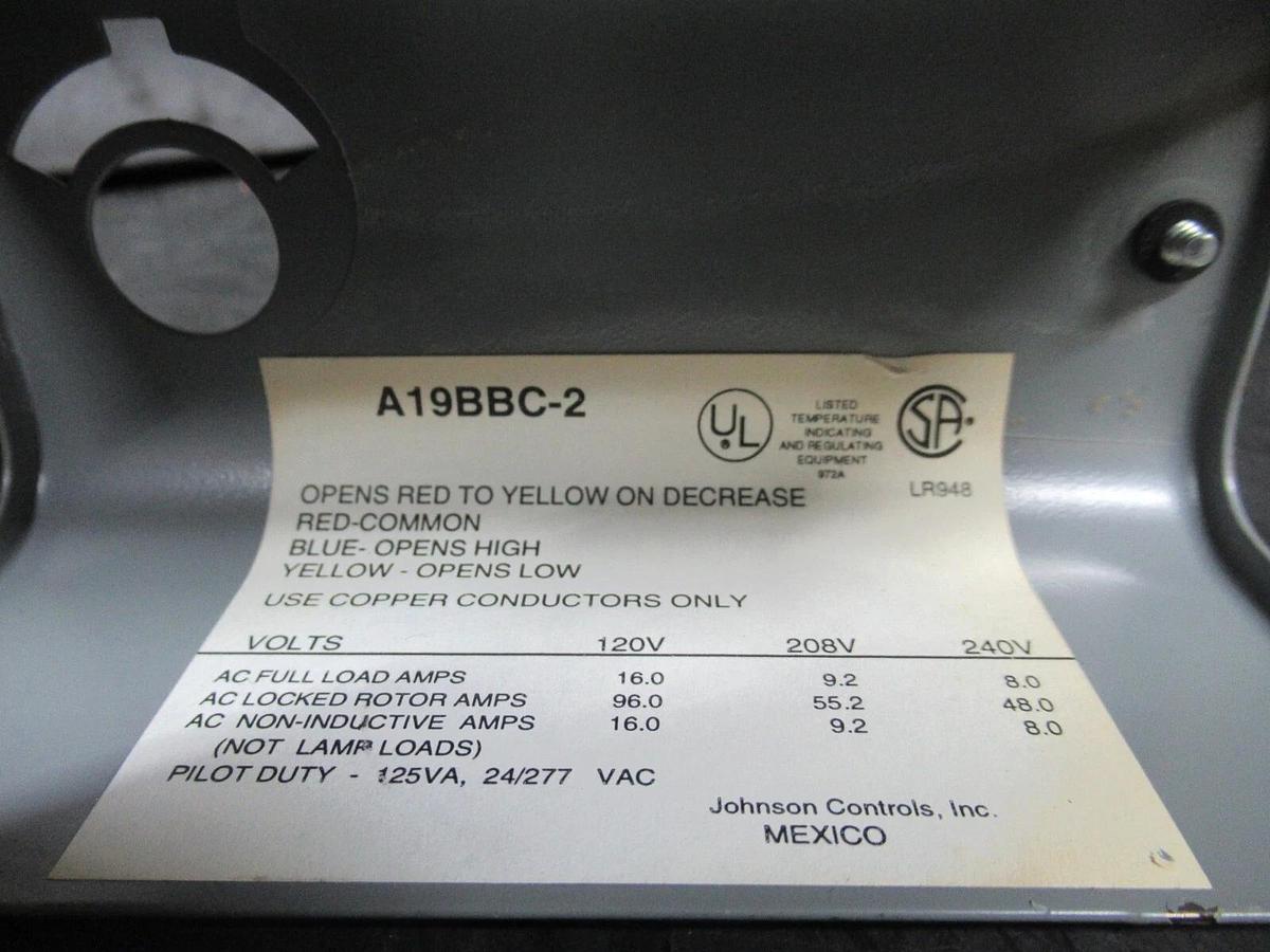 Used JOHNSON CONTROLS THERMOSTAT A19BBC-2 240 VOLT 16 AMP **WARRANTY INCLUDED**